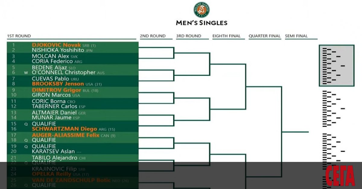 Тенисист №1 на България Григор Димитров (№20 в света) ще