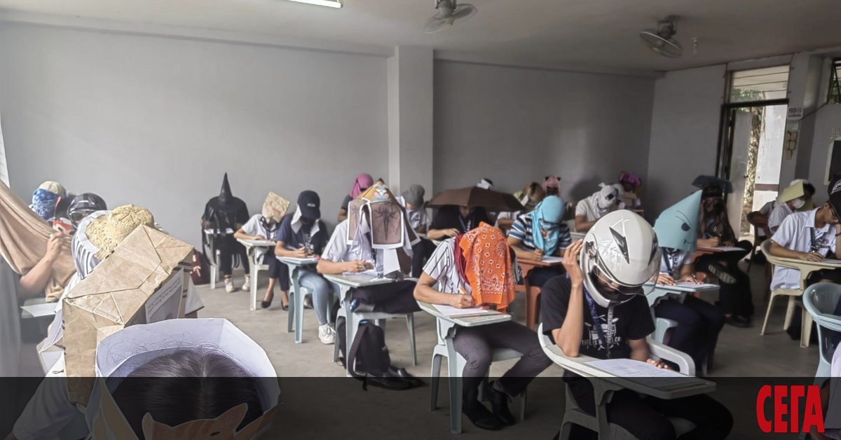 Снимки на филиписнки студенти с ``шапки против преписване`` на главите по време на