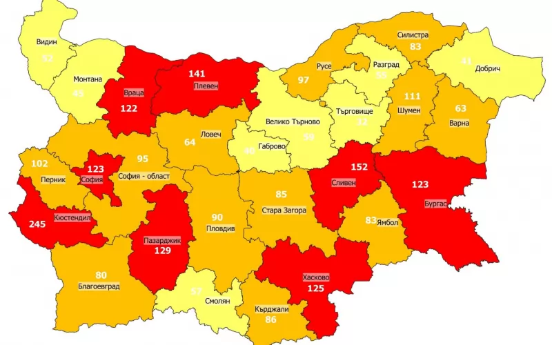 Картината на 14-дневната заболяемост на 100 000 към 31 януари. Картата е на Националния център по заразни и паразитни болести.