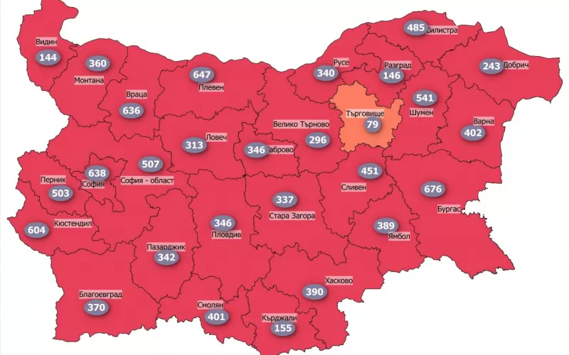 Картата на новите случаи на 100 000 души население за изминалите 14 дни към 14 март