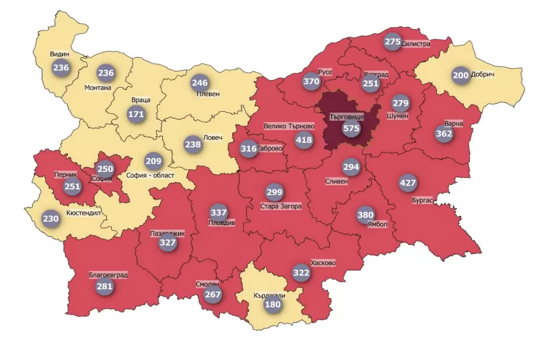 14-дневната заболяемост в страната по области към 5 септември