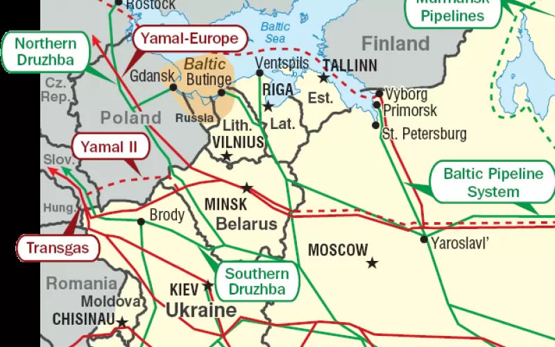 Тръбопроводите за нефт и газ от Русия към Източна Европа. "Дружба" е в зелено