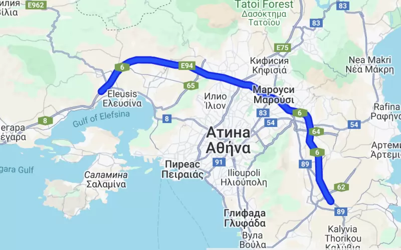 Карта на магистралата "Атики Одос"