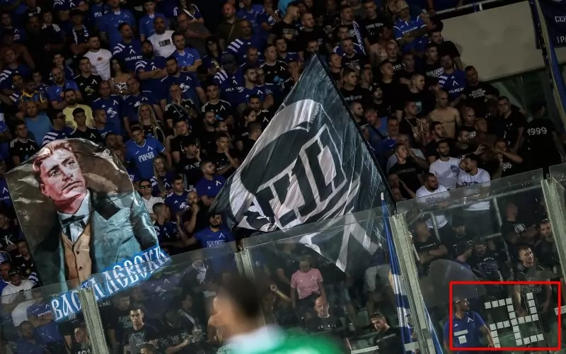 Мачът от V кръг в Първа лига, от 17 август 2024 г., завършил 1:0 за "Лудогорец". Свастиката от стикери се вижда в долния десен ъгъл.