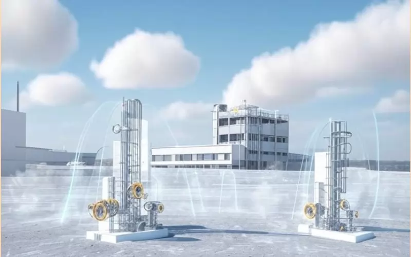 Индустриален пейзаж на нефтопреработвателен завод с множество тръби и
източници на дим, на които са инсталирани съвременни IoT сензори.