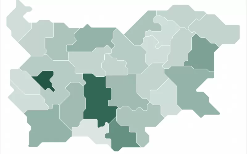 Разпределение на ТЕЛК решенията по области - в тъмен цвят са показани районите с най-много издадени решения.