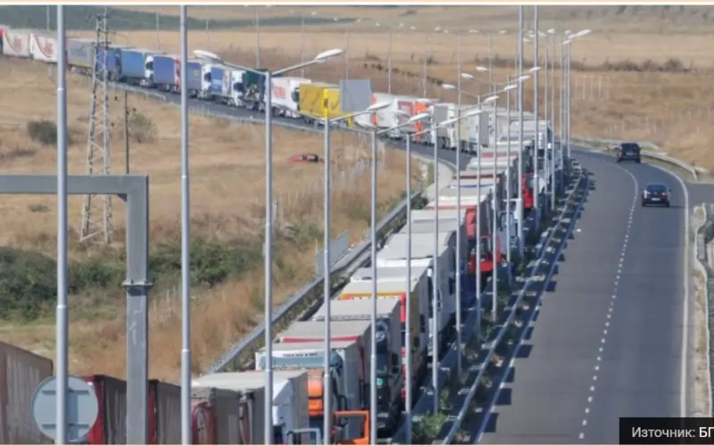 Това е обичайна гледка - километрична опашка преди ГКПП "Капитан Андреево". Пунктът е от ключова важност за търговията между Азия и Европа. Оттук минават границата средно по 2500 – 3000 камиона на денонощие. 