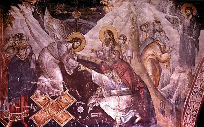 Възкресението на Христа и появата Му сред апостолите.
Стенопис от 1290 г. от зографa Мануил Панселинос. Църквата "Протата" в Карея, Света Гора Атон.