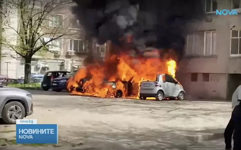 Момент от пожара, който унищожава автомобилите
