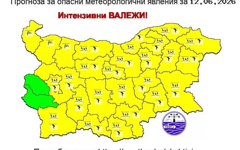 За днес Националният институт по метеорология и хидрология издава предупреждение от първа степен (жълт код) за интензивни валежи, гръмотевични бури и градушки в 23 области от страната. 