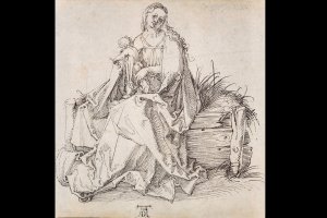 Малка рисунка на майка и дете  с черен туш и без рамка  купена за 30