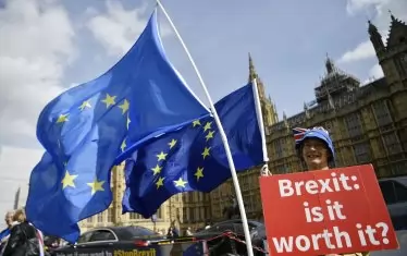  Привърженичка на движението в защита на ЕС, чието централно послание е, че Брекзит не изразява желанието на британците, е застанала пред Уестминстър. Остават 200 дни до напускането на Великобритания на съюза.