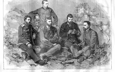  Капитан Паница, Иван Стоянович, под него Захари Стоянов, Иван Андонов и Димитър Ризов - членове на Тайния български комитет за Съединението. - L`Illustration , Париж, 7 ноември 1885 г.