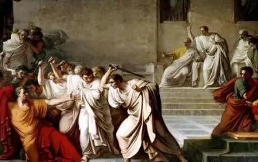 Убийството на Юлий Цезар от сенатори в Римския сенат. 