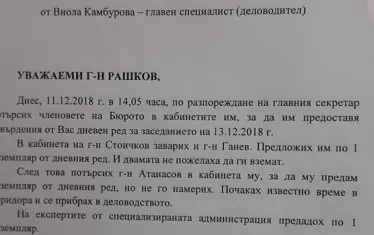 Според докладна записка до Рашков двама членове на бюрото са отказали да приемат дневния ред, а един не е бил на работа.
