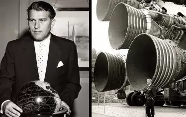  “Apollo 11”, есесовецът Вернер фон Браун до соплото на ракетата носител “Сатурн V”. Нийл Армстронг стъпи на Луната през 1969 г.