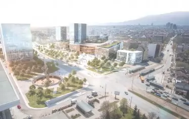 Нова концепция, вариант със запазване на автомобилното движение и успокояване в зоната за пресичане при площадното пространство на ротондата. 