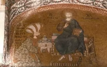 Стенопис от „Хора“: Теодор Метохит представя модел на църквата на Исус Христос.