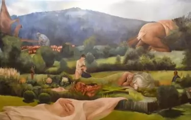 Едно от монументалните платна в изложбата на Ода Жон ("Без наименование", маслени бои върху платно, 270/500 см), която разбуни духовете преди около година.