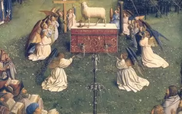 Централното пано на Гентския олтар с Преклонението пред Мистичния агнец.