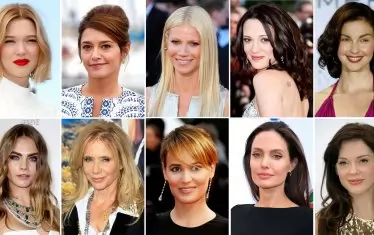 Десет известни актриси, които обвиниха Уайнстийн в различни видове посегателства при разкритията преди две години и половина: (отляво надясно) Леа Сейду, Ема де Кон, Гуинет Полтроу, Азия Ардженто, Ашли Джъд, моделът Кара Делевин, Розана Аркет, Жудит Годреш, Анджелина Джоли и Роуз Макгоуън. 