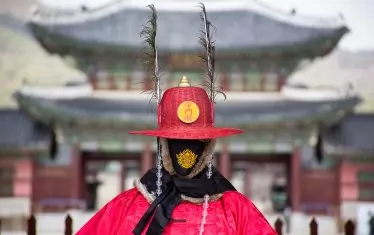  Гвардеец със защитна маска в Сеул, Южна Корея.