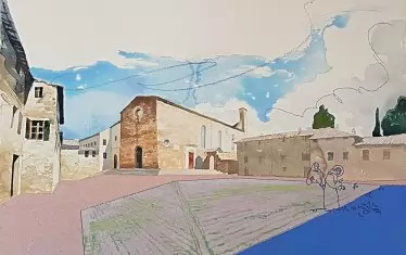  Милко Божков, "Църквата Сан Агустино в Сан Джиминяни" - акв., м.б., бродерия в/у хартия