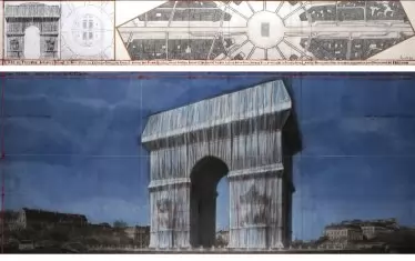 Ръчно дорисуван проект за Опакованата Триумфална арка в Париж. 