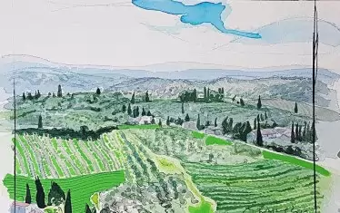  Милко Божков, Тоскана, "Долината на Сан Джиминяно" - акварел, акрил в/у хартия