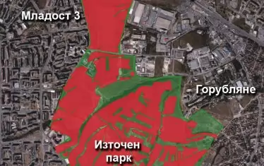  В червено са маркирани частните имоти в Източен парк