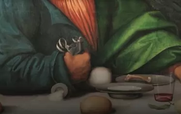  Юда стиска кесия с пари - зловещ намек за 30-те сребърника, които ще получи от враговете на Исус, за да им го посочи. 