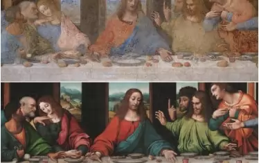  „Тайната вечеря“ на Леонардо - отгоре е фрагмент от оригинала в Милано след 20-годишната реставрация, приключила през 2000 г. под него е копието от лондонската Кралска академия. 