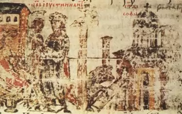  Строителството на "Св. София" - илюстрация в Манасиевата хроника.