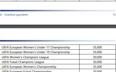 Разпределение на средствата, полагащи се годишно на БФС (и всяка федерация, членка на УЕФА) за участие на национални отбори в различни турнири.