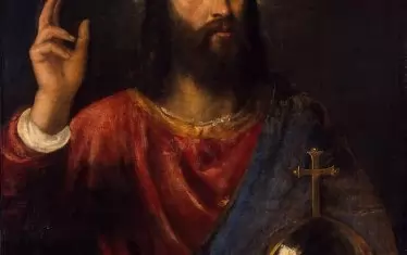 В същия сюжет Тициан е нарисувал пръстите по-отворени, кълбото не е плоско, е косата на Спасителя не е като след студено къдрене.