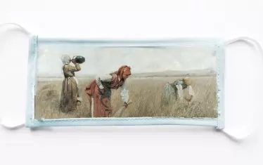 Идея за маска от НХГ "Квадрат 500" с фрагмент от „Жетва в Чепинско“ на Иван Ангелов. 