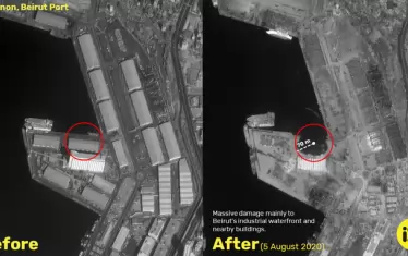 Снимка от спътник показва мястото на инцидента в  Бейрут преди взрива и след него. Ясно се вижда как експлозията е "отхапала" част от пристанището в радиус 70 метра.