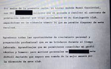 Факсът, с който Лионел Меси изразява желанието си да разтрогне договора си с "Барселона".