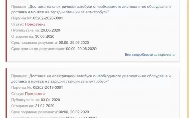  В профила на купувача на "Тролейбусен транспорт" Хасково водят прекратените поръчки. 