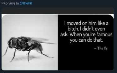 „Нахвърлеих му като куче. Дори не питах. Когато си известен, ти позволяват това“ - Мухата. (Думите са на Доналд Тръмп от записа, в които се хвали как действа с жените.)