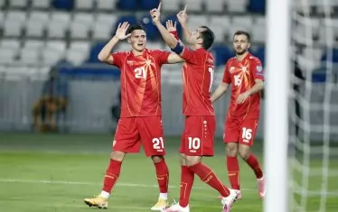 37-годишният македонски капитан Горан Пандев (№10) ликува след попадението си във вратата на Грузия.