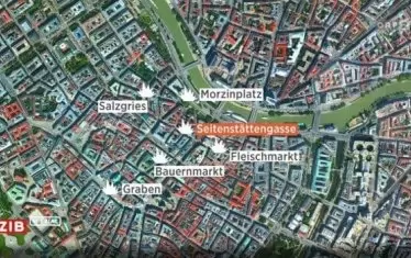  Карта на шестте терористични атаки - всички са в Първи район, близо до Зайтенщетенгасе, където е синагогага. Мястото е централно и много оживено. 