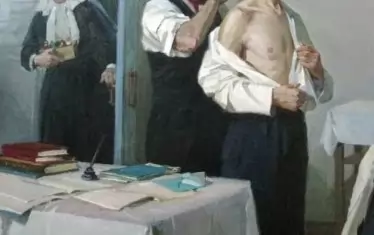 "Николай Пирогов преглежда младия Дмитрий Менделеев." Рисунка на Иван Тихий.