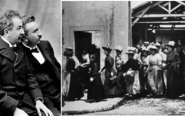Братята Луи и Огюст Люмиер и кадър от техния първи 90-секунден филм "Работници напускат фабриката Люмиер".