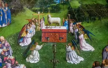 Фрагмент от централното пано на Гентския олтар с „Поклонението пред Мистичния агнец“.