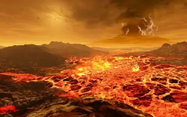 Венера е на 108 млн. км. Както е изобразено тук, планетата е покрита с вулкани и има задушаваща, богата на въглероден двуокис атмосфера.