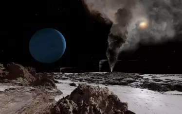 Нептун (откъм спътника си Тритон) е последната планета в Слънчевата система и е на 4.5 млрд. км. На хоризонта се виждат криовулканични гейзери.