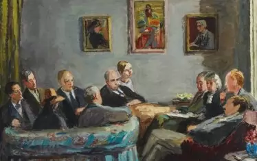 "Мемоарен клуб", Ванеса Бел, 1943 г. Бел е сестра на Вирджиния Улф, а картината всъщност пресъздава кръга Блумсбъри. Кейнс е в средата, до него е Лидия Лопухова.