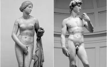 Възстановка от XVI век на „Афродита Книдска“ на Праксител от около 340 г. пр. н. е. (оригиналът не е запазен) и „Давид“ (1504). „Кой дух е толкова празен и сляп, че не може да разпознае факта, че кракът е по-благороден от обувката и кожата е по-красива от дрехата, с която е облечен?“  - Микеланджело.