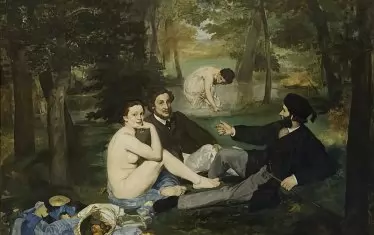  Едуар Мане, "Закуска на тревата", 1863. Борисов трябва да е в ролята на двете жени от картината, но с гащи. 